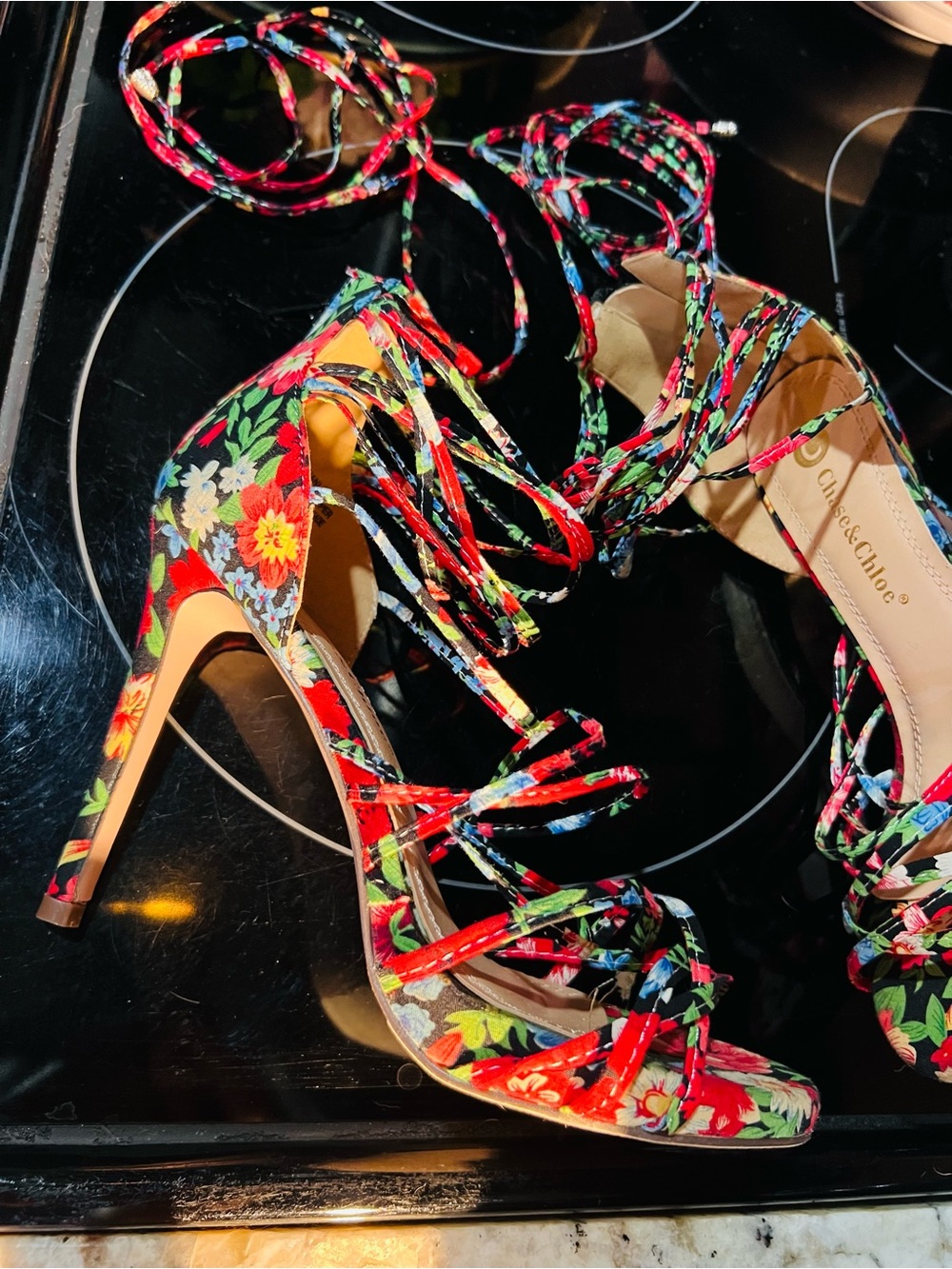 Chase + Chloe Red Floral Lace-Up Stiletto Sandals Brand New Size 8